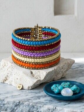 Colorful Braided Cuff Bracelet Wide Coil Metallic Bead Boho Handmade India 2.5"